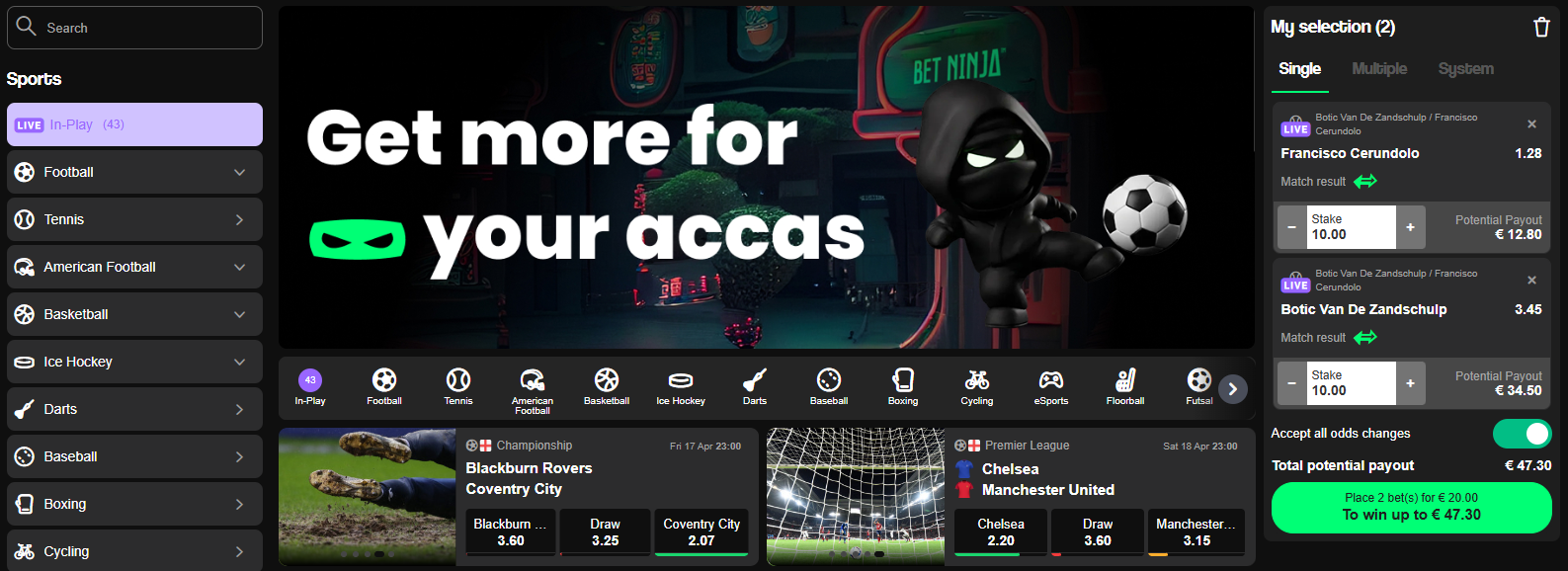 BetNinja Sports Betting interface showing live in-play markets